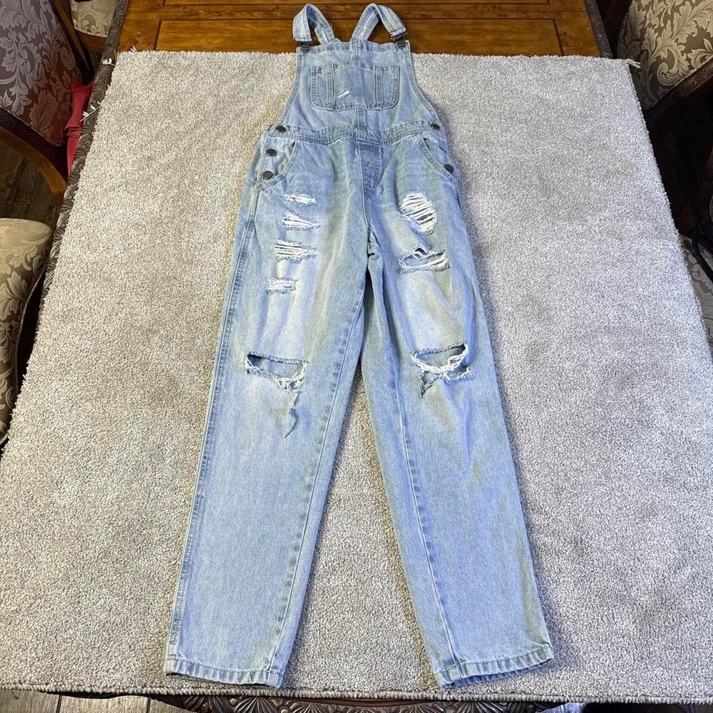 C'est TOI Women's Light Blue Denim Overalls Distressed Details Size Small